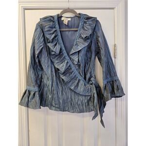 Vtg Jackie Jon New York Metallic Blue Ruffle Wrap Blouse Bell Sleeve Lace Trim 8